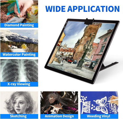 YINGWOND Rechargeable A4 LED Light Pad with Padded Case, Tracing Light Box w/Riser Stands and Paper Clip, 6 Levels of Brightness, Type-c Cable, Wireless Diamond Painting Light Board