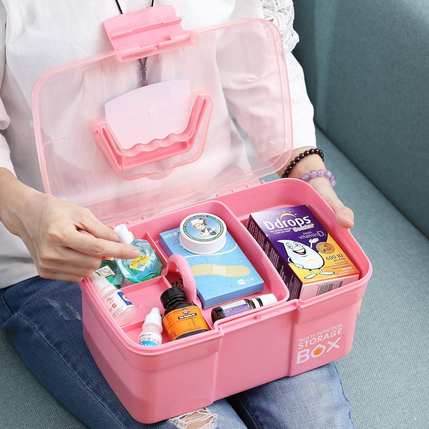 Kinsorcai 11'' Plastic Storage Box with Removable Tray, Multipurpose Organizer and Storage Case for Art Craft and Cosmetic (Green)