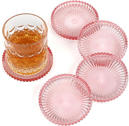 Modern Clear Coasters Set of 5- Glass Cute Coasters for Drinks Crystal Coaster Round Chic Cup Mat Cute Coffee Table Coaster for Kitchen, Bar, Dining Room, Living Room, Patio(Amber)
