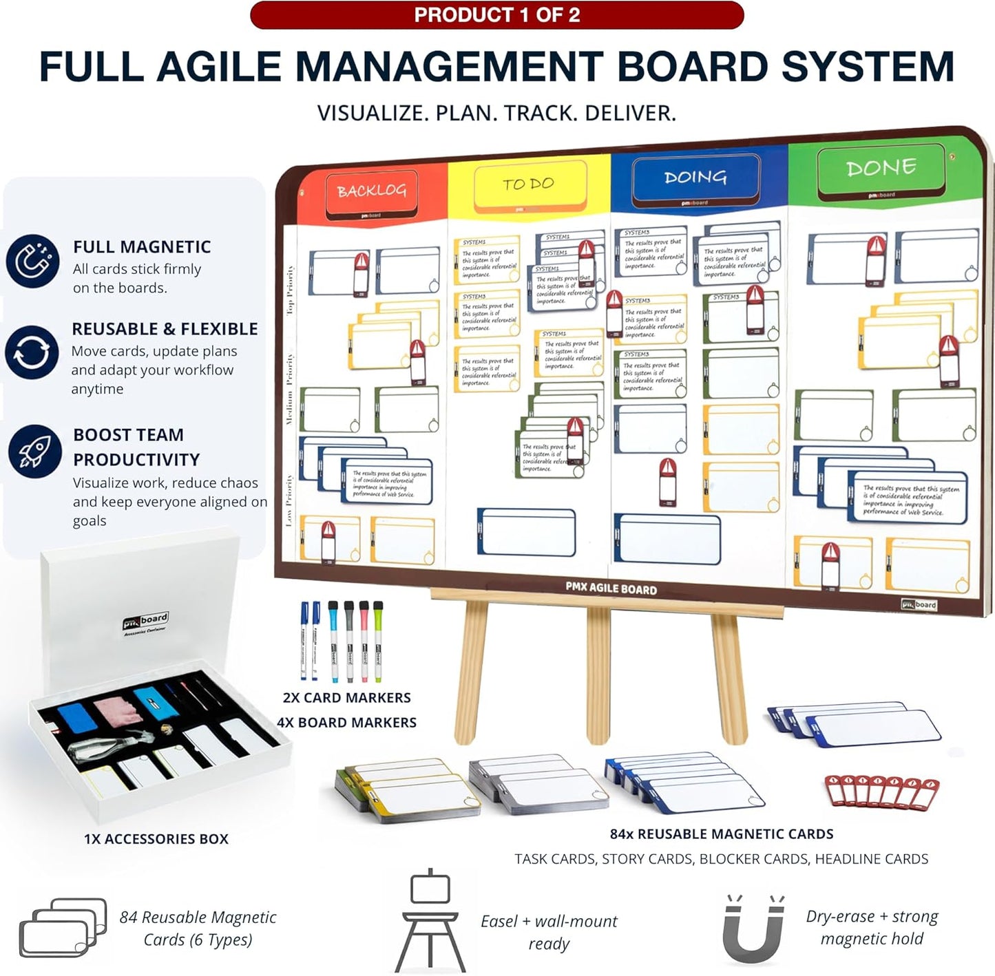 Kanban Board Set – Magnetic Agile Project Management Board with Cards, Desktop Kanban Board with Stand, Scrum Task Board System for Office, Home & Personal Productivity (2-in-1 Kit X)