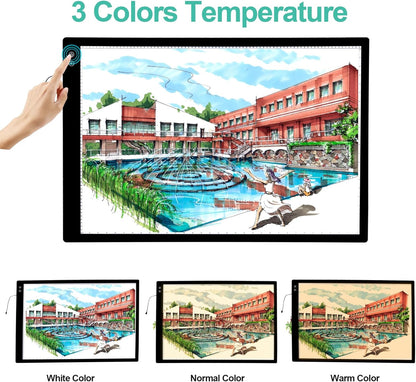 Rechargeable A4 Light Pad - Stepless Dimmable 6 Levels Brightness Tracing Light Box, Diamond Painting Light Board with Top Clip, Battery Powered Portable Light Pad for Weeding Vinyl Tracing