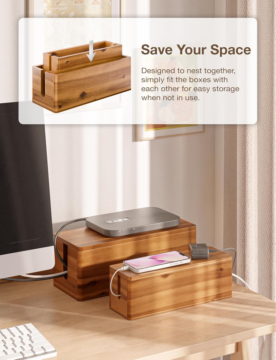 TIDITA Acacia Wood Cable Management Box Round Edge - 16" L Wooden Cable Organizer Box for Electrical Hiding Cord Management - Power Strip Hider Cable Storage Box for Office, Router Wires, Under Desk