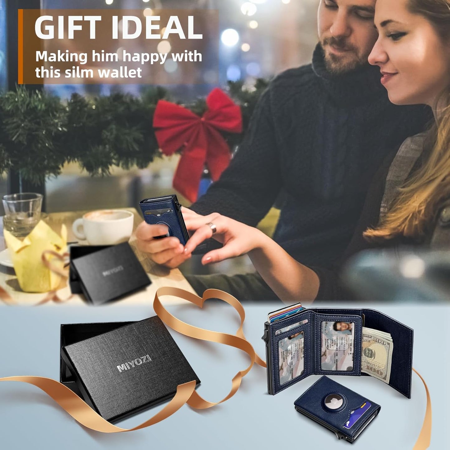 miyozi Airtag Wallet for Men,with Cash Pocket 2 ID Window 9-12 Cards,Metal Case Smart Slim Pop Up Credit Card Holder Flip with Magnetic Closure RFID Blocking Trifold wallet with Gift Box
