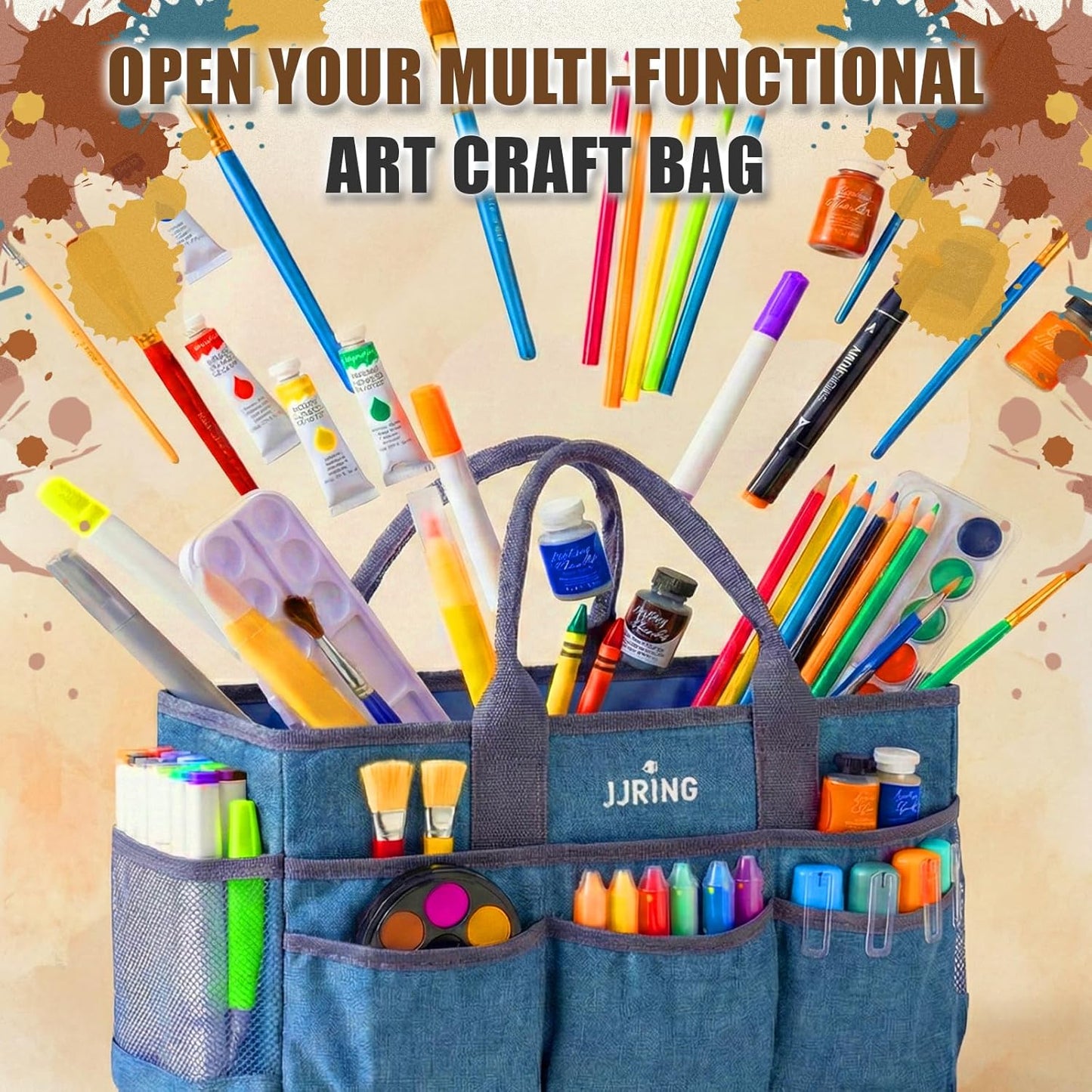 JJRING Large Art Supply Storage Tote Bag With 2 Mesh Side Pockets & Front Elastic Pockets – Sturdy Craft Organizer Caddy with Reinforced Bottom For Sewing, Scrapbooking, Teachers & Artists(Green) | Breathable Material