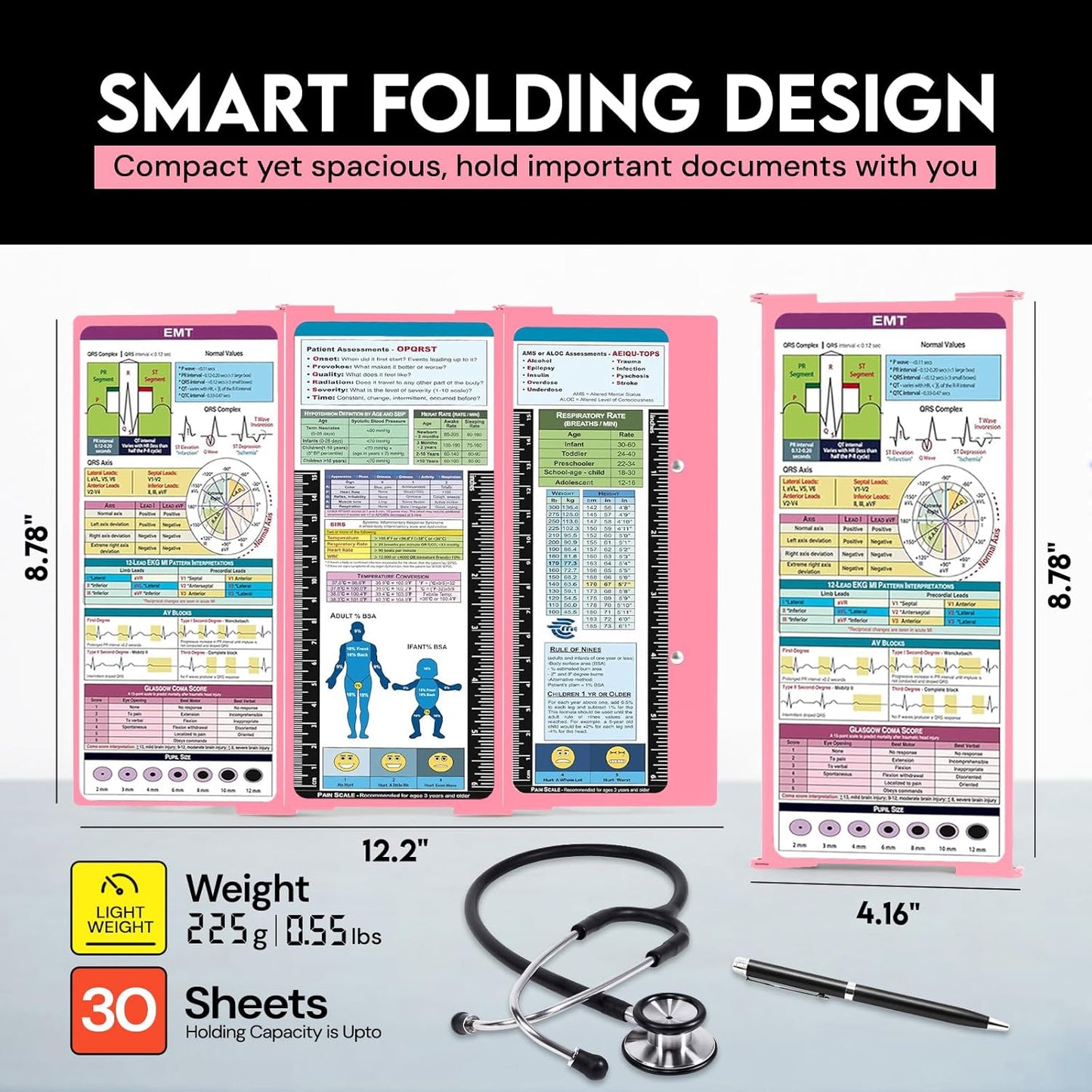 Nursing Clipboard Foldable with Medical Edition Cheat Sheets, 3 Layers Aluminum Foldable Clipboard for Nursing, Notepad for Students, Nursing School Essentials (Black)