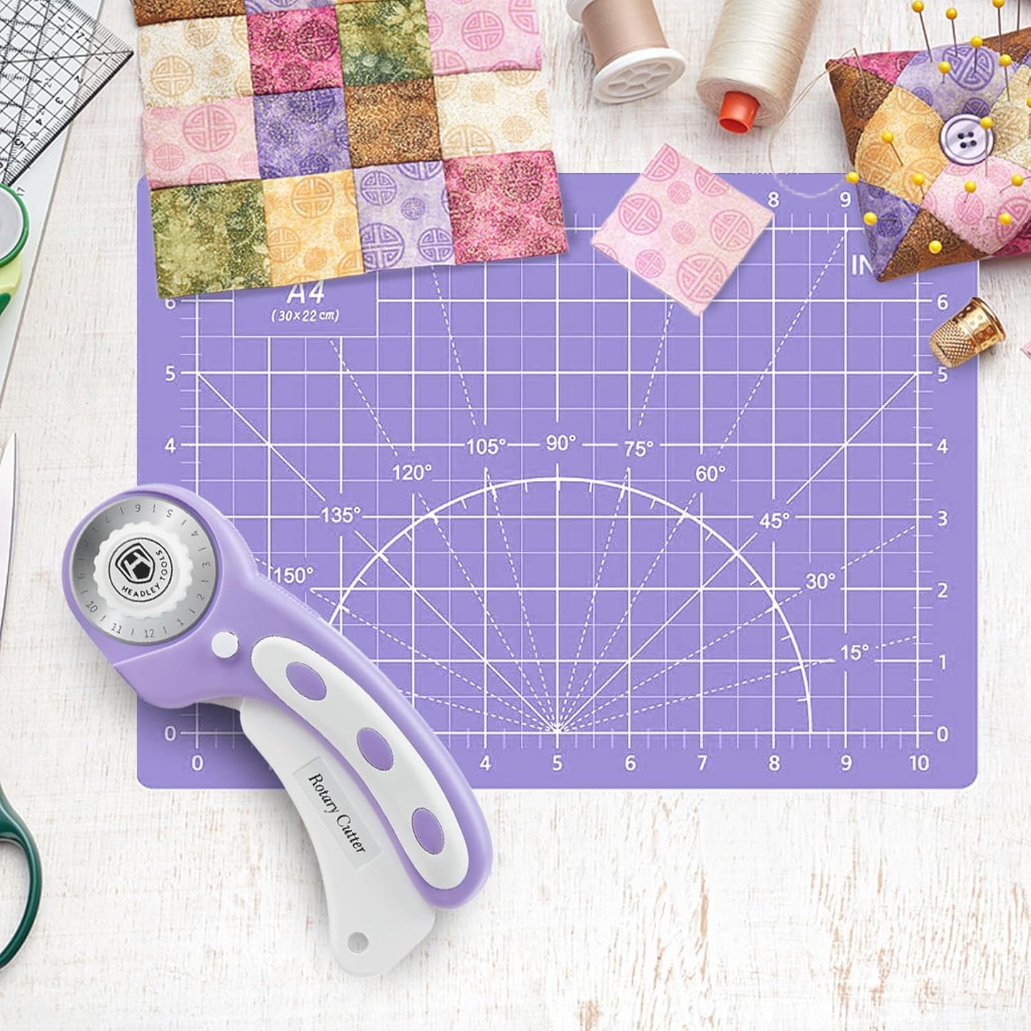 Headley Tools Rotary Cutter Set - 45mm Fabric Cutter, 5 Extra Rotary Blades, A3 Cutting Mat, Quilting Ruler and Sewing Clips, Craft Knife Set, Ideal for Crafting, Sewing, Patchworking, Purple