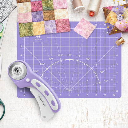 Headley Tools Rotary Cutter Set - 45mm Fabric Cutter, 5 Extra Rotary Blades, A3 Cutting Mat, Quilting Ruler and Sewing Clips, Craft Knife Set, Ideal for Crafting, Sewing, Patchworking, Purple