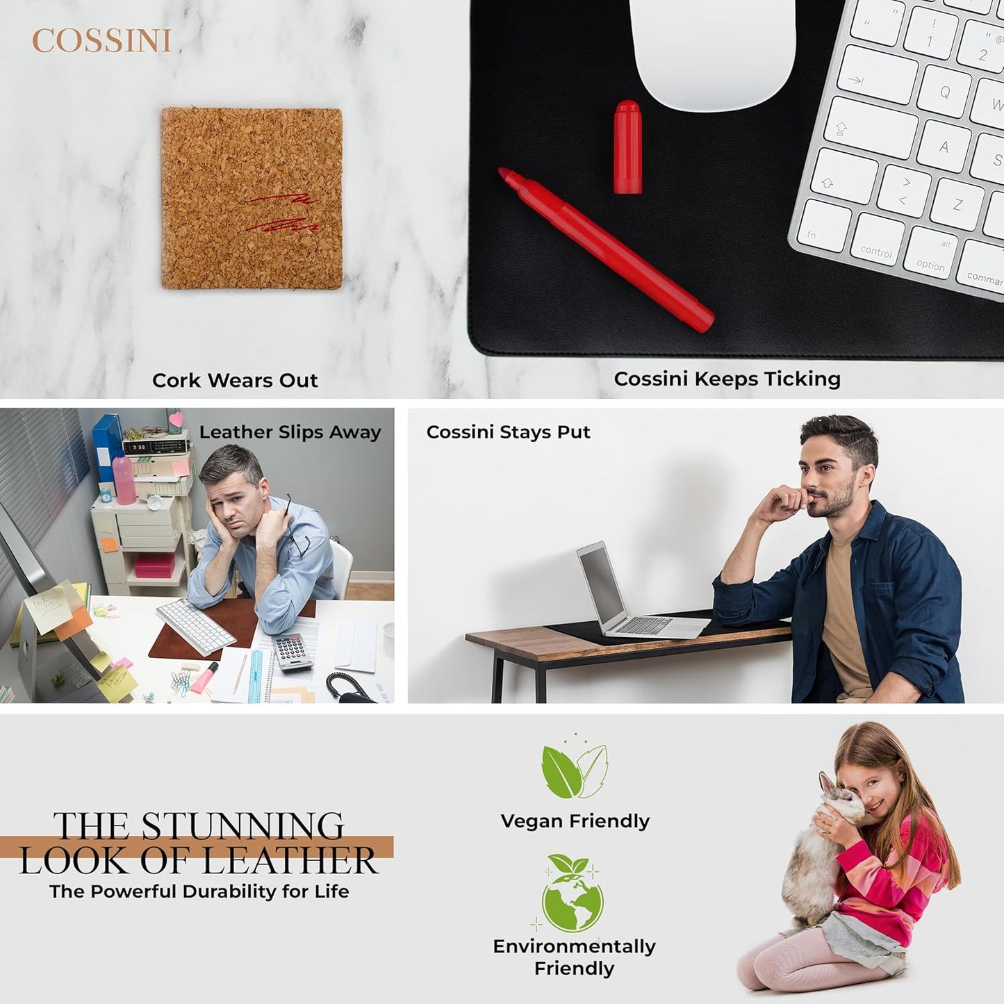 Cossini XL Desk Pad - Large Vegan Leather Desk Mat (17 x 36) - Buttery Smooth Writing, Damage Blocking, Non-Slip, Waterproof - Home Office Computer Desk Protector Blotter Laptop Keyboard Mouse Pad