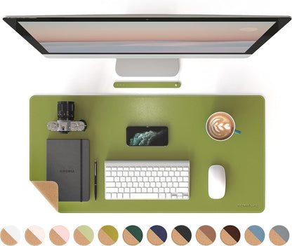 RENMTURE Dual-Sided Mouse Pad, Natural Cork & PU Leather Large Desk Pad for Office and Home Work, Desk Protector Non-Slip, Waterproof, Easy Clean (Olive Green, 32"x16")