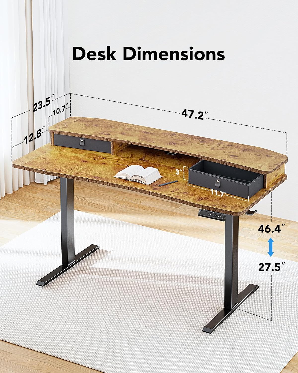 HUANUO 48″ x 24″ Electric Standing Desk with 2 Drawers, C-Clamp Mount Compatible, Height Adjustable Computer Desk, Home Office Stand Up Desk with 4 Preset Heights & 2 Hooks, Black
