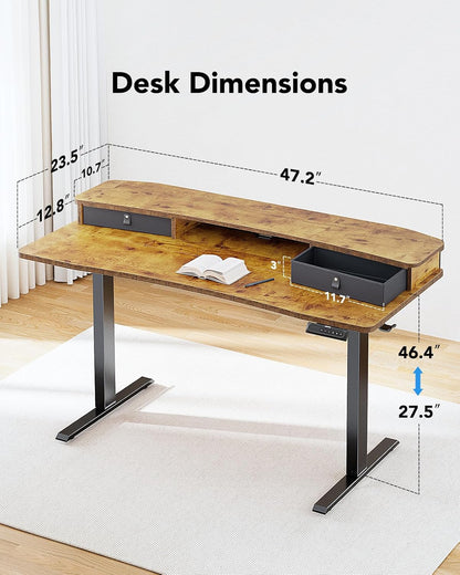 HUANUO 48″ x 24″ Electric Standing Desk with 2 Drawers, C-Clamp Mount Compatible, Height Adjustable Computer Desk, Home Office Stand Up Desk with 4 Preset Heights & 2 Hooks, Black