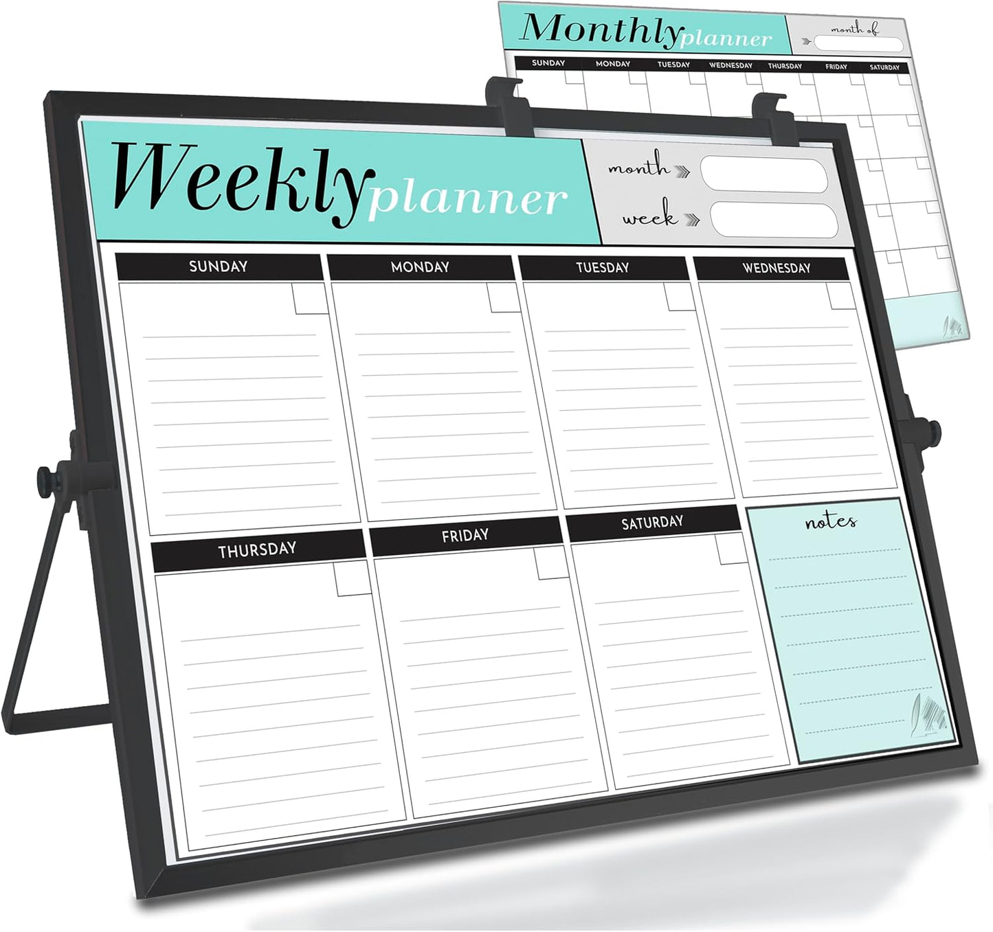Dry Erase White Board for Desktop & Wall 12"x16" with 2 Magnetic Removable Planners - Weekly & Monthly to Do List Board with Stand, 6 Markers Eraser & Wall Hangers - Portable Double Sided Magnetic