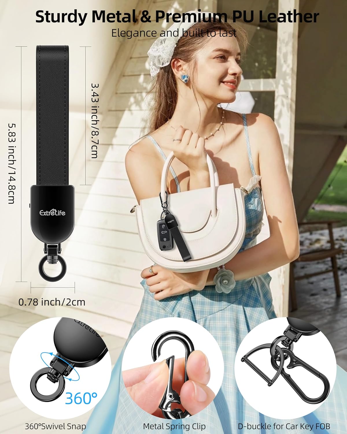 Keychain, Works with Apple Find My, Leather Car Keychain for Women and Men, Car Key Fob Holder, Key Chain with GPS Tracker, Anti-Lost Smart Keys Finder, Rechargeable, Black