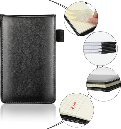 Outus 10 Pcs Mini Pocket Notepad Holder Set Included Small Leather Pocket Notebook Holder with 50 Lined Sheets, Metal Pen, 8 Pcs 3 x 5 Inch Memo Book Refills, 30 Lined Paper Per Note Pad (Black)