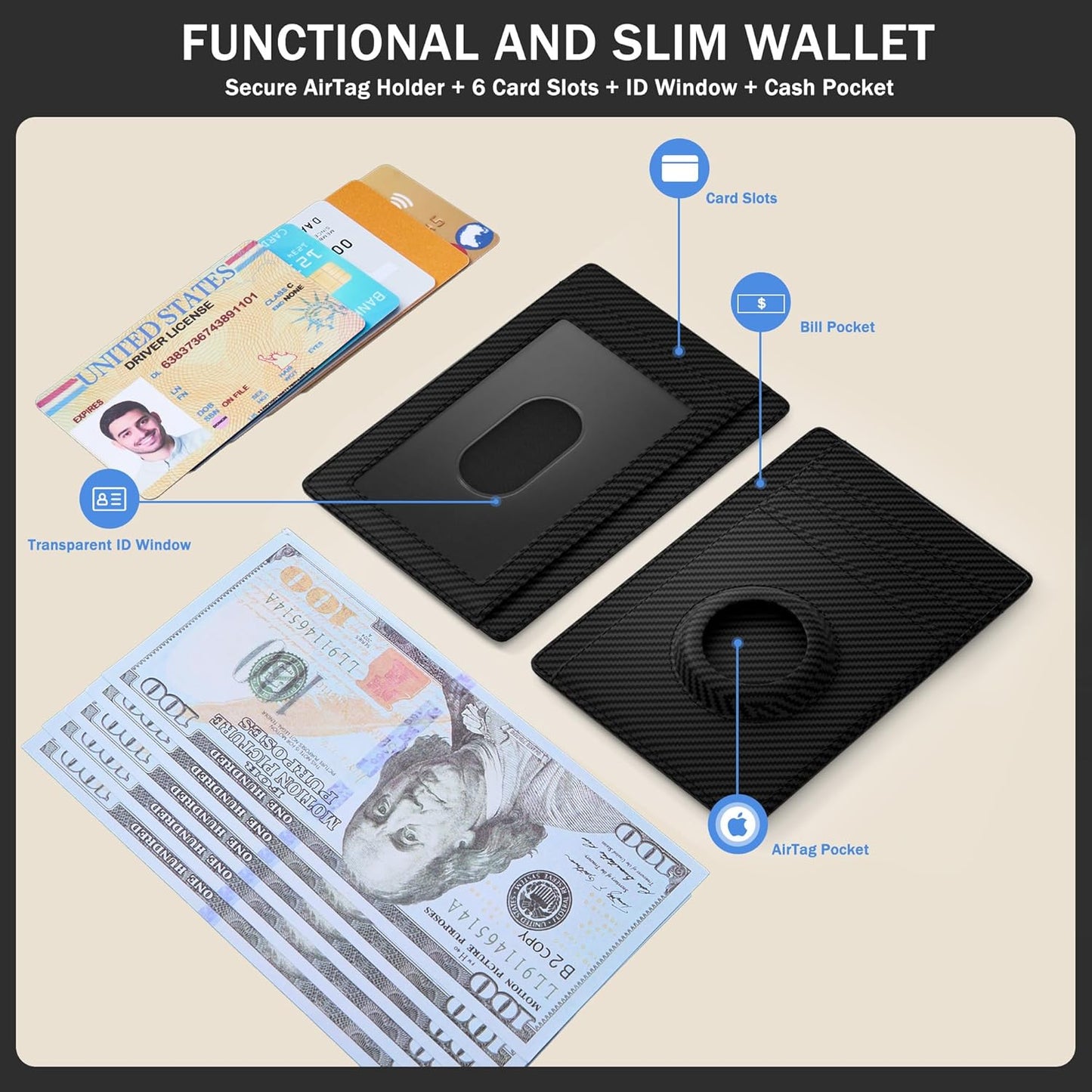 Wallet with Airtag Holder Genuine Leather Wallets Slim Minimalist Card Holder RFID Blocking Card Wallet Compatible with AirTag