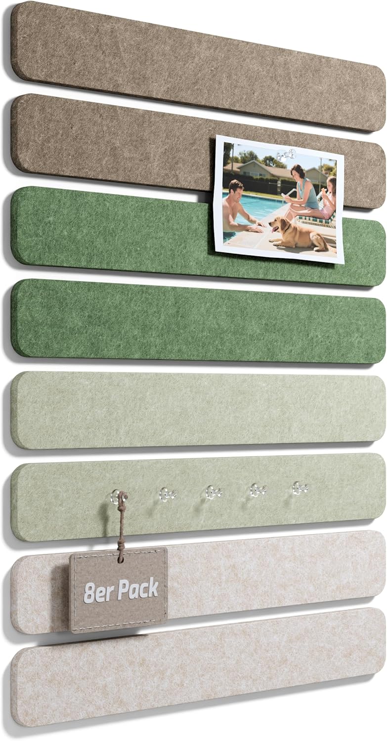 Fluxynara Cork Board Alternative Felt Strip Board 8-Pack 13"x2", Office Pin Board with 50 Push Pins, Adhesive Install for Bedroom Door & Home Office(Linen Dusk)
