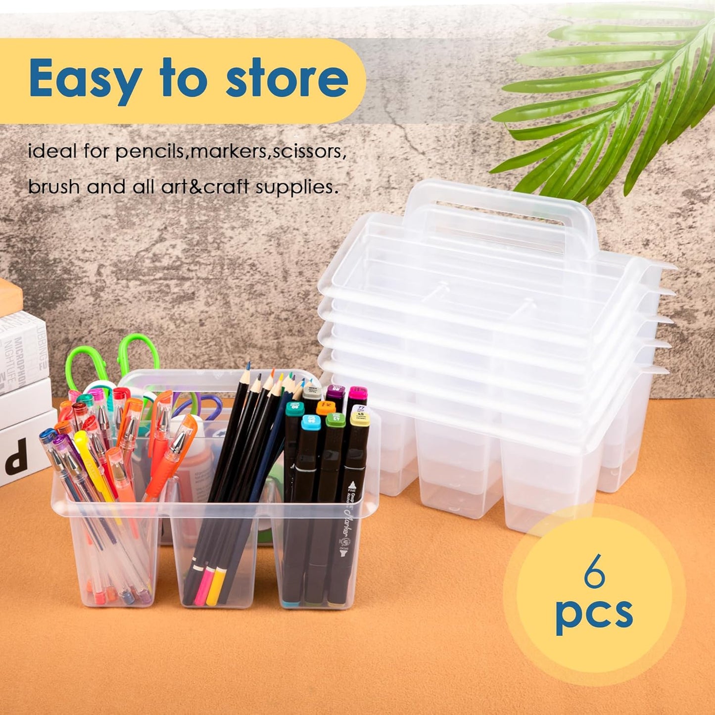 Plastic Caddy With Handle,Protable Classroom Craft Caddy, 6-pack Storage Caddy For Pencil,Pen,Craft Tools (Clear)