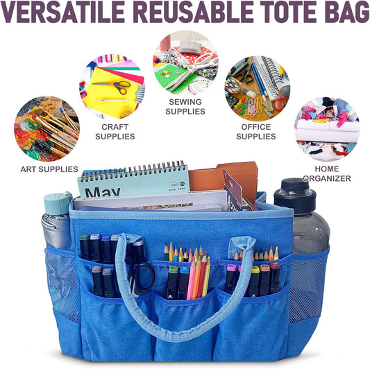 Cupohus Craft Organizer Tote Bag – Craft Caddy with 2 Mesh Side Pockets & Front Elastic Pockets, Foldable Large Capacity Supply Storage Bag for Sewing, Knitting, Painting, and Travel (Purple)