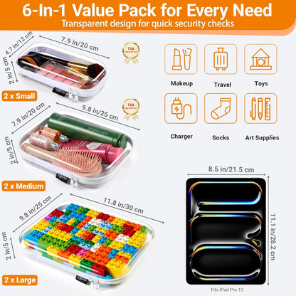 YQBRAO 6 Pack Clear Hard Shell Zipper Case, 1.2mm Heavy Duty Crush-Proof Diaper Bag Organizer Pouches, TSA Approved Travel Makeup Bag for Toiletries & Electronics, (2L, 2M, 2S) Multi-Size Storage Set