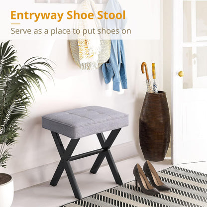 LUE BONA Square Linen Makeup Stool, Metal X Legs, Small Ottoman Stool Chair for Vanity, Modern Padded Seat Foot Rest for Makeup Room, Bathroom