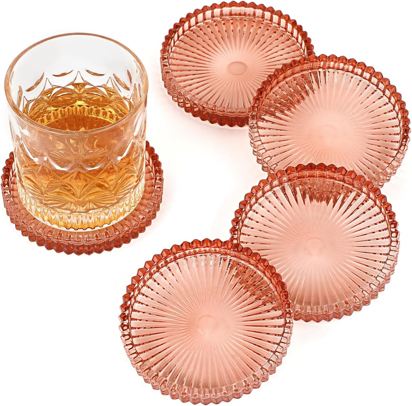 Modern Clear Coasters Set of 5- Glass Cute Coasters for Drinks Crystal Coaster Round Chic Cup Mat Cute Coffee Table Coaster for Kitchen, Bar, Dining Room, Living Room, Patio(Amber)