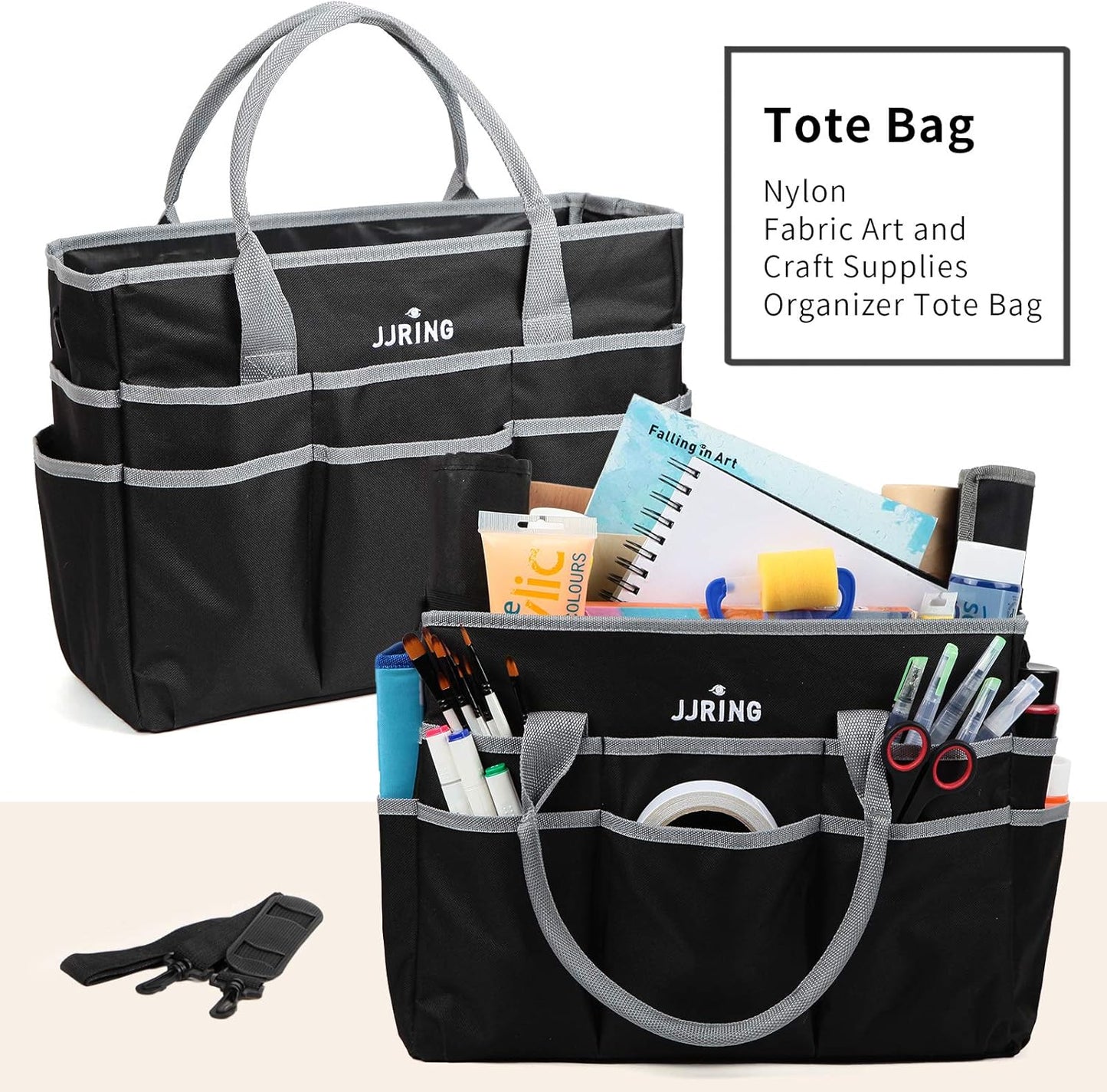 Jjring Craft and Art Organizer Tote Bag - 600D Silver Nylon Fabric Art Caddy with Pockets - for Art, Craft, Sewing, Medical, and Office Supplies Storage