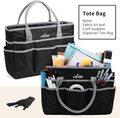Jjring Craft and Art Organizer Tote Bag - 600D Silver Nylon Fabric Art Caddy with Pockets - for Art, Craft, Sewing, Medical, and Office Supplies Storage