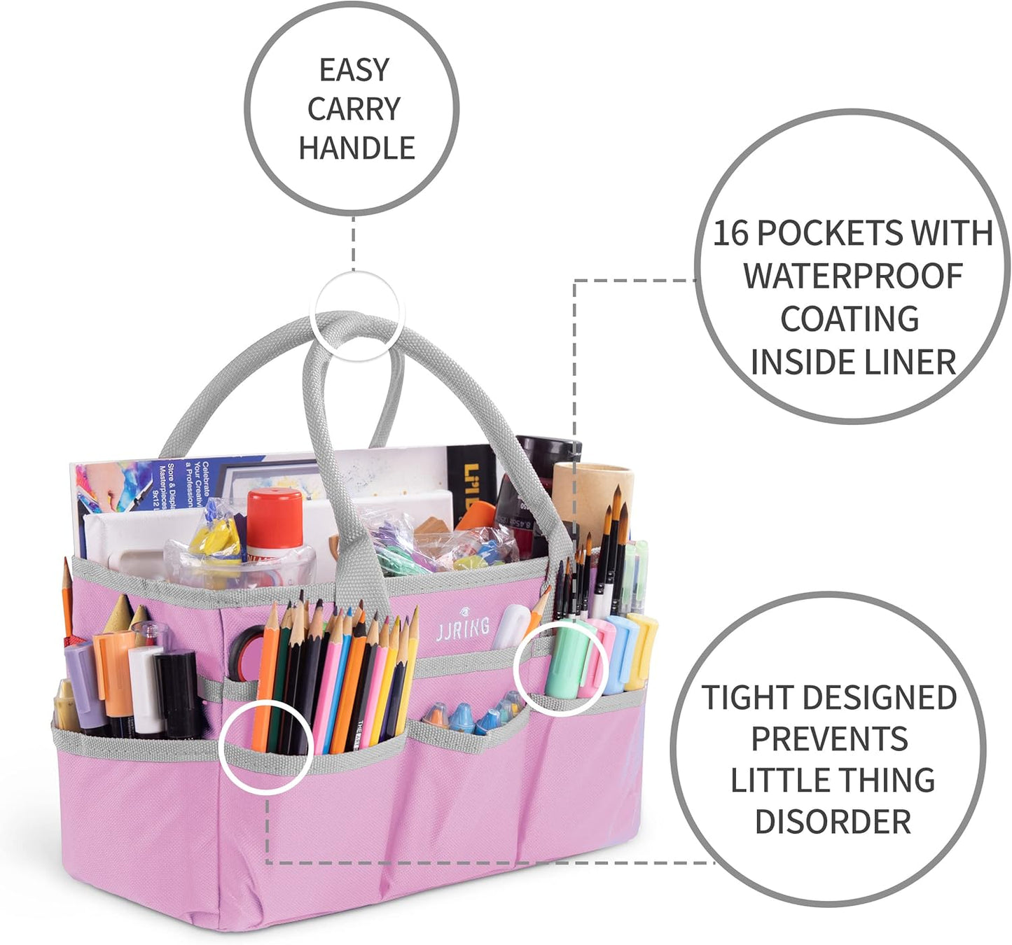 Jjring Craft and Art Organizer Tote Bag - 600D Silver Nylon Fabric Art Caddy with Pockets - for Art, Craft, Sewing, Medical, and Office Supplies Storage