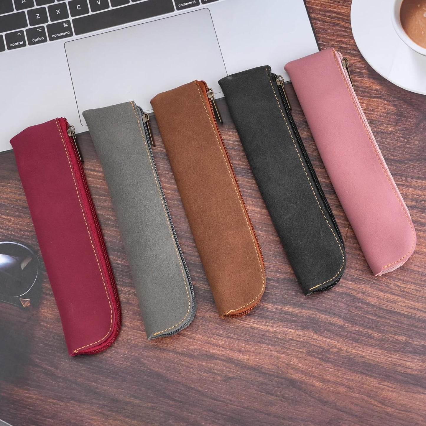 RETON 5 Pack Leather Small Pencil Pouch, Slim 5 Colors Pencil Pen Case with Zipper, Thin Soft Pencils Organizer Portable Cosmetic Bag Purse for Stationary Supplies, Women, Office, Travel