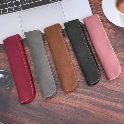 RETON 5 Pack Leather Small Pencil Pouch, Slim 5 Colors Pencil Pen Case with Zipper, Thin Soft Pencils Organizer Portable Cosmetic Bag Purse for Stationary Supplies, Women, Office, Travel