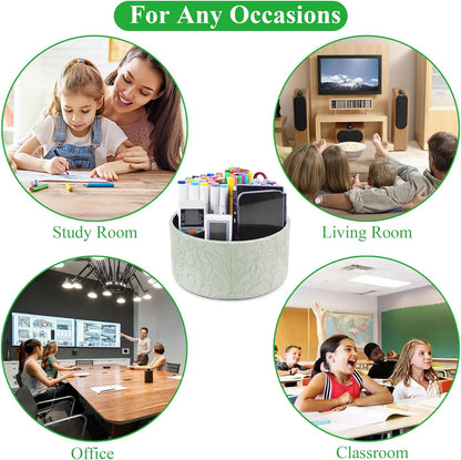 Round Leather Art Supply Organizer,Remote Control Holder,360 Degree Rotating,Multi-Functional Pencil Holder,4 Compartments Desktop Stationary Organizer(1-Fractal Flower) | Round - Colors A