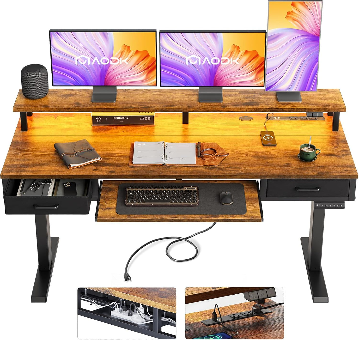 AODK Electric Standing Desk with Drawers & Keyboard Tray, 55 Inch Height Adjustable Gaming Desk with Power Outlets & LED Lights, Sit Stand Table with Monitor Stand for Home, Office, Rustic Brown