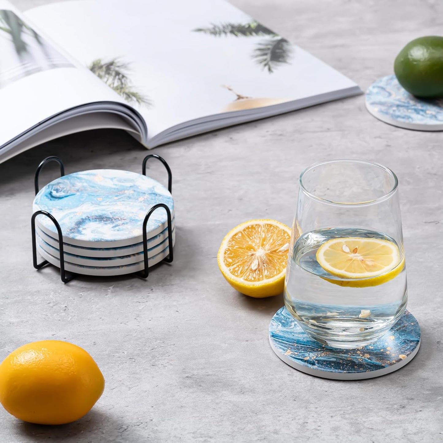 6Pcs Drink Coasters with Holder, Marble Style Ceramic Drink Coaster, Absorbent Coasters Set Suitable for Kinds of Cups, Modern Style Coaster for Coffee Table, 4 Inches