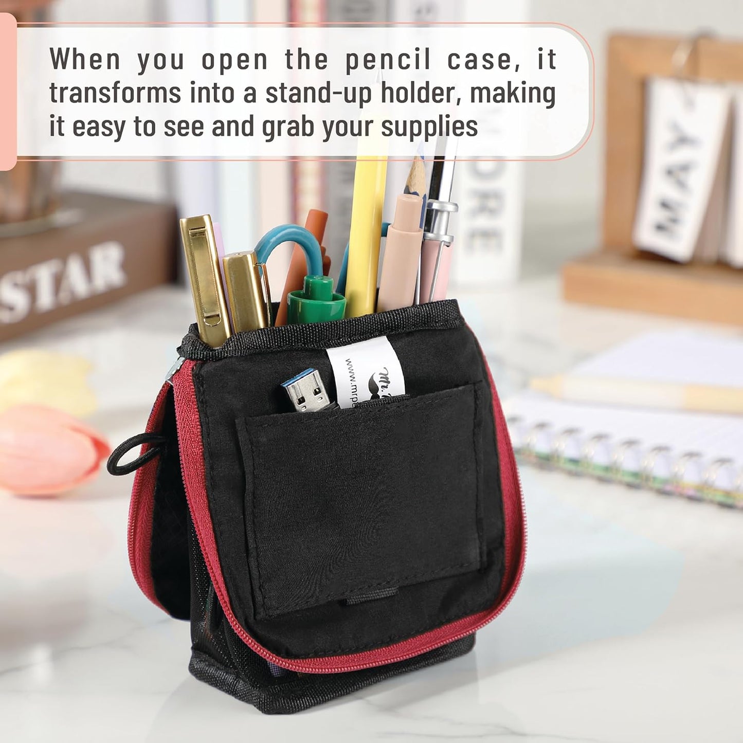 Mr. Pen- Standing Pencil Case Pouch, Sit & Lay Mesh-View Design, Black & Gray, Interior Pocket & 2 Elastic Binder Loops, Cute Pencil Case for Girls and Boys