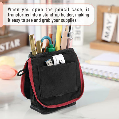 Mr. Pen- Standing Pencil Case Pouch, Sit & Lay Mesh-View Design, Black & Gray, Interior Pocket & 2 Elastic Binder Loops, Cute Pencil Case for Girls and Boys