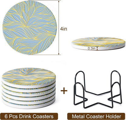 6Pcs Drink Coasters with Holder, Marble Style Ceramic Drink Coaster, Absorbent Coasters Set Suitable for Kinds of Cups, Modern Style Coaster for Coffee Table, 4 Inches