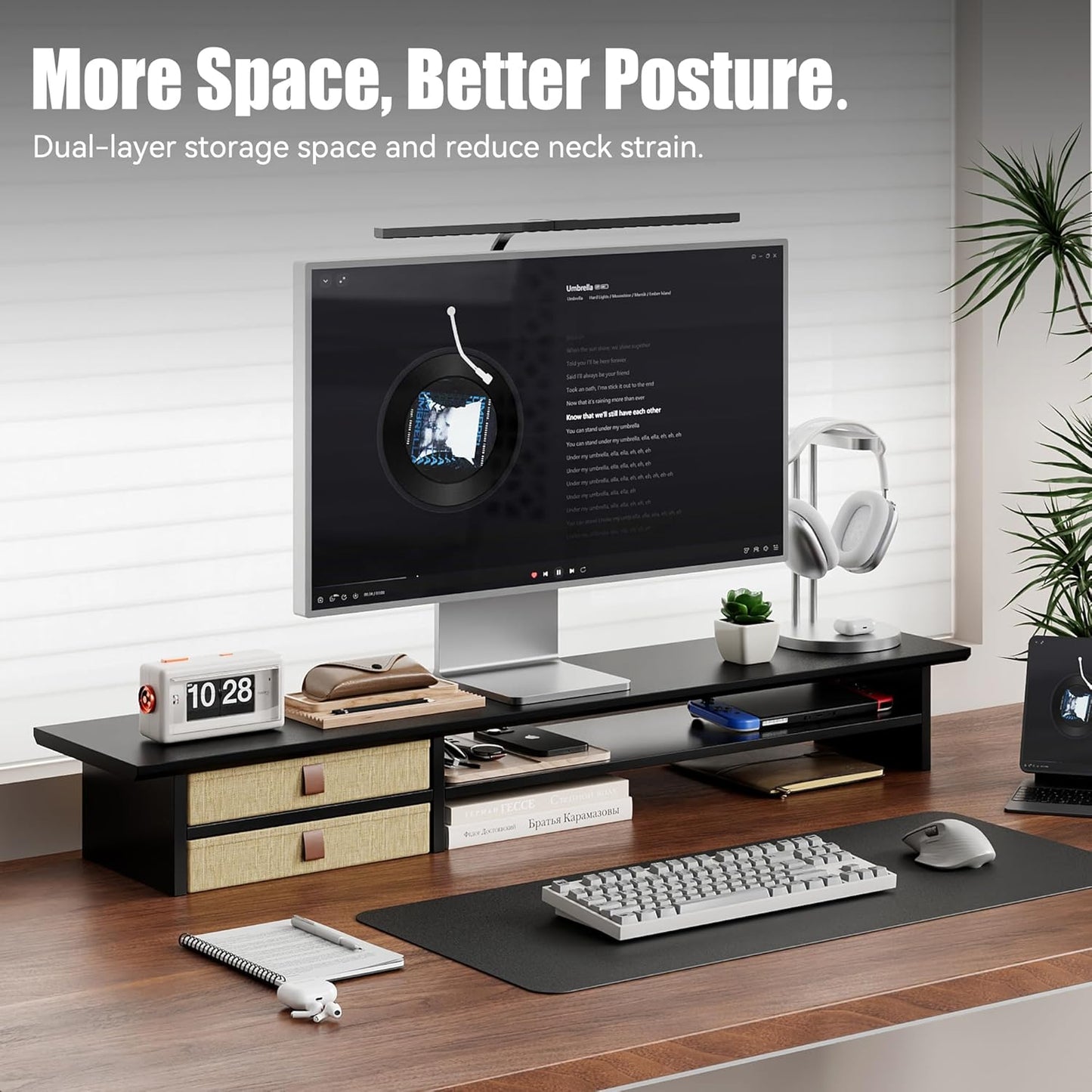 FENSULN Dual‑Tier Monitor Stand Riser with Drawers, Desktop Organizer Shelf Storage for Computer Screen 2 Monitors, Supports for PC Computer Monitor, Printer, Heavy TV Riser Brown and Black