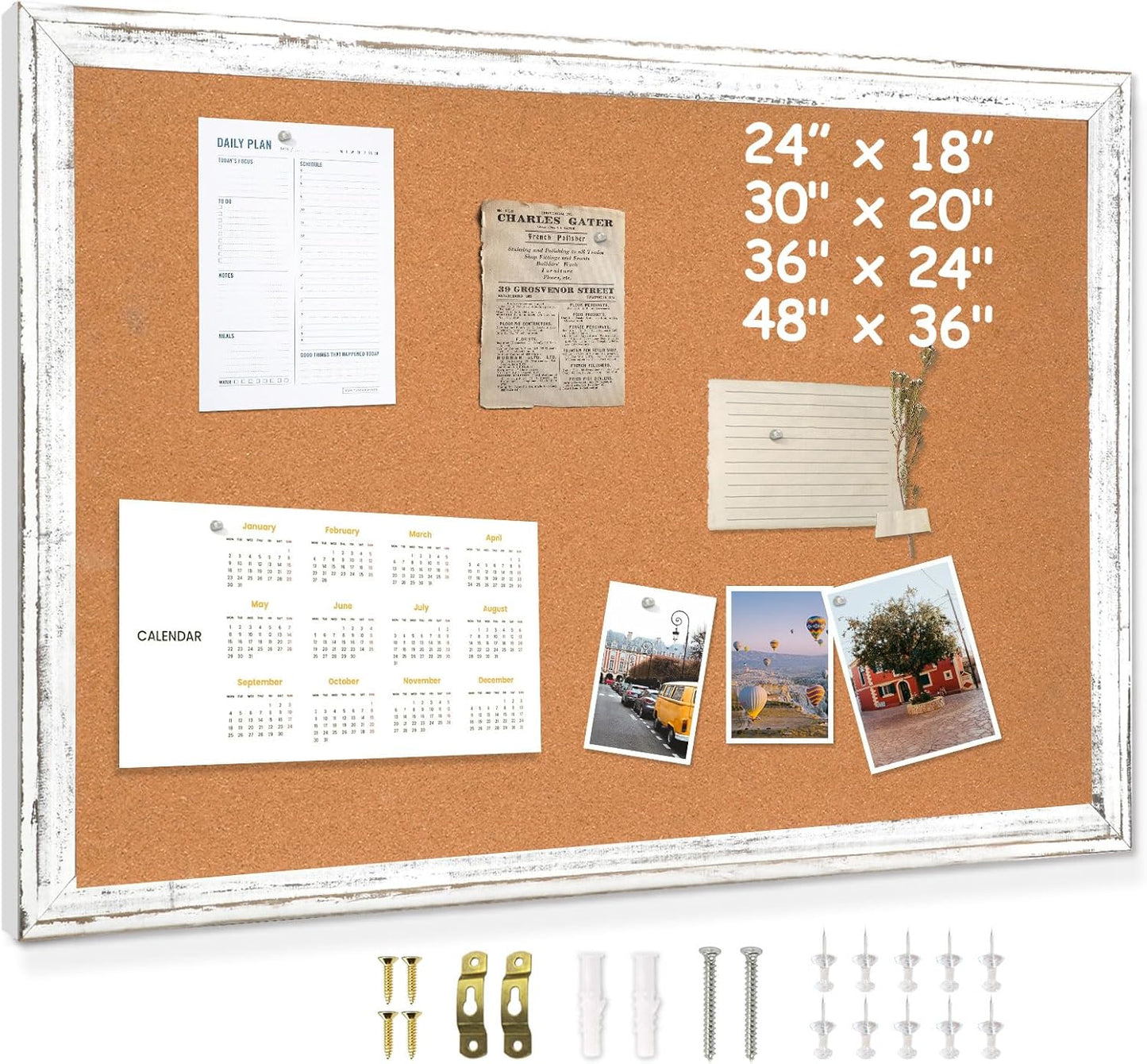 DOLLAR BOSS White Cork Board for Wall - 24 X 18 Inches, Rustic Wooden Frame Bulletin Board, Decorative Hanging Pin Board for Office & Home Decor