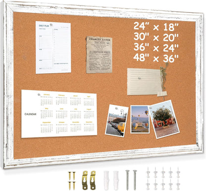 DOLLAR BOSS White Cork Board for Wall - 24 X 18 Inches, Rustic Wooden Frame Bulletin Board, Decorative Hanging Pin Board for Office & Home Decor