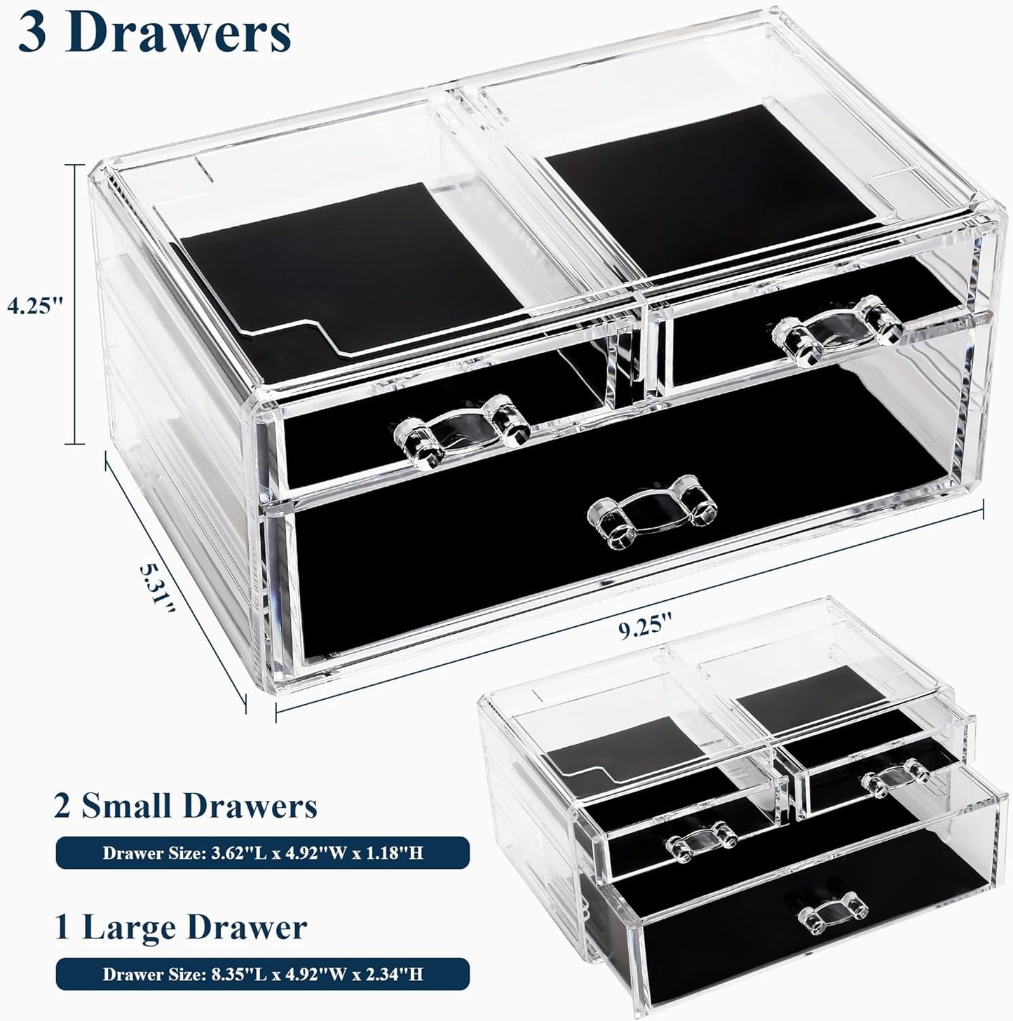 Sea Team Clear Makeup Organizer with Drawers, Acrylic Plastic Cosmetic Display Case, Jewelry Storage Box, Holder for Dresser, Bathroom, Vanity, Countertop (3 Middle Drawers)
