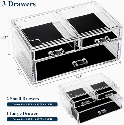 Sea Team Clear Makeup Organizer with Drawers, Acrylic Plastic Cosmetic Display Case, Jewelry Storage Box, Holder for Dresser, Bathroom, Vanity, Countertop (3 Middle Drawers)