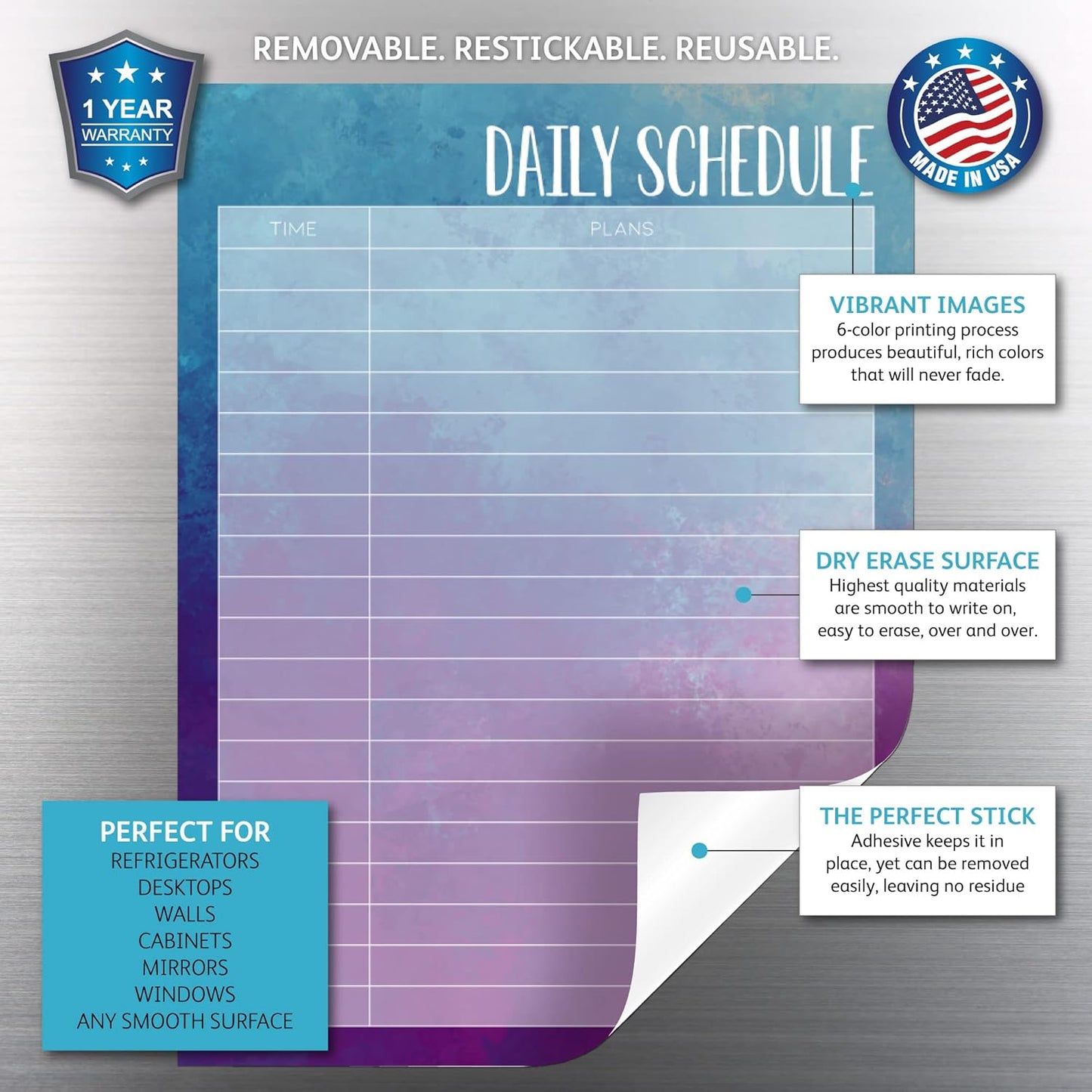 Dry Erase Daily Schedule Planner Sticker Decal by Glassboard Studio | Removable & Reusable | Magnetic Fine-Tip Marker Included (9 x 12 inches, White)
