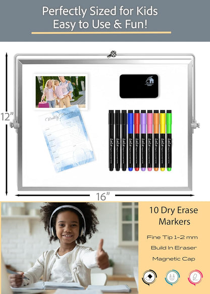 Dry Erase White Board for Desktop & Wall 12"x16" with 2 Magnetic Removable Planners - Weekly & Monthly to Do List Board with Stand, 6 Markers Eraser & Wall Hangers - Portable Double Sided Magnetic