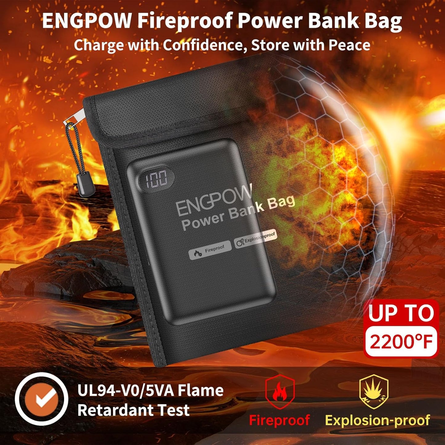 ENGPOW Fireproof Organizer Travel Bag,Heat Insulated＆Explosion-Proof Electronic Carry Case,Portable Home Travel Safe Storage for Power Bank,Phone,Cables,USB Drive＆Charging Protection, 10.6''x6.7''