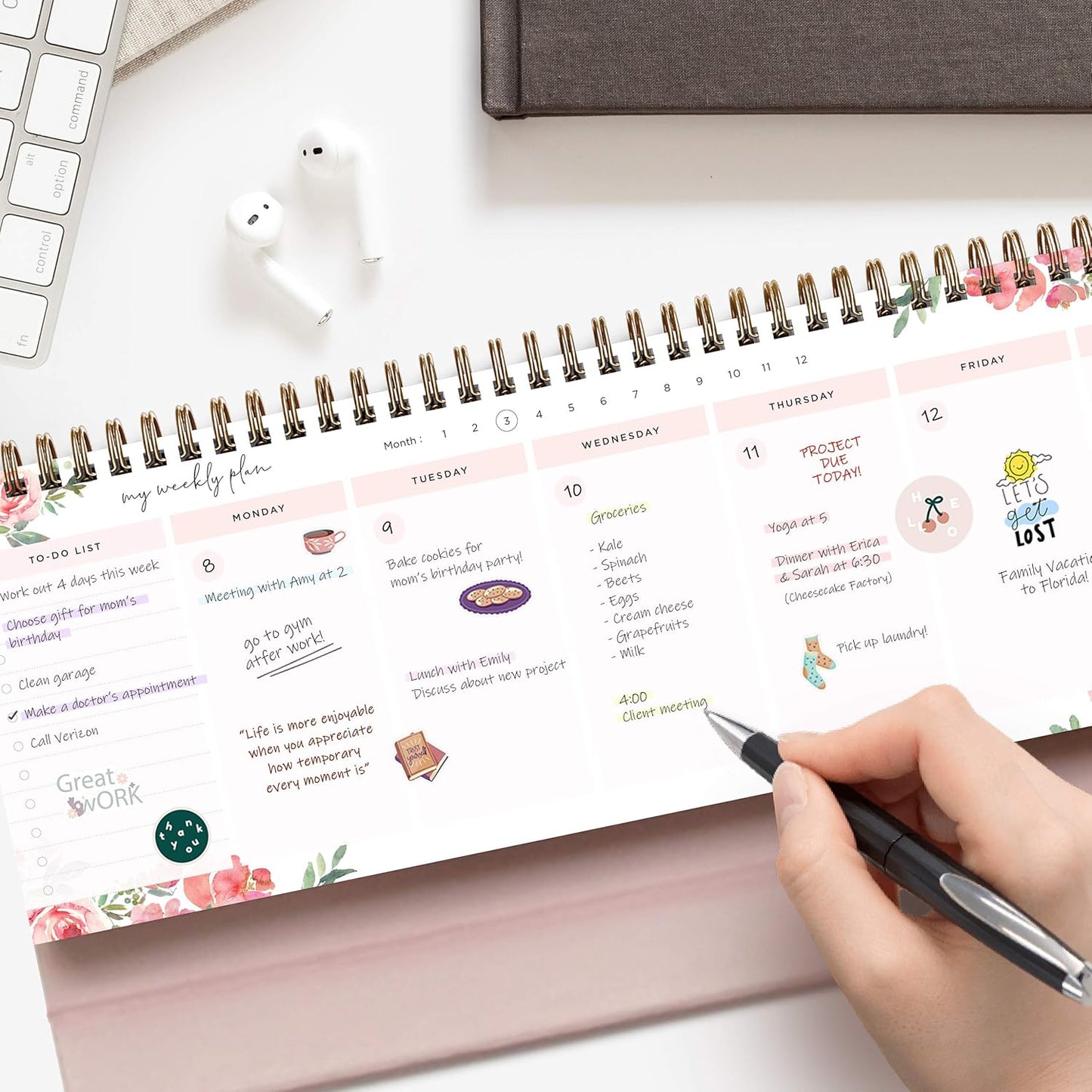 Belle Fleur Non-Dated Spiral Weekly Desk Calendar Planner, 60 Week Inspirational to Do List Pad Desktop Stand, 3.75" x 10.5", La Lune Collection by Bright Day
