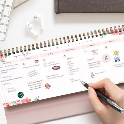 Belle Fleur Non-Dated Spiral Weekly Desk Calendar Planner, 60 Week Inspirational to Do List Pad Desktop Stand, 3.75" x 10.5", La Lune Collection by Bright Day