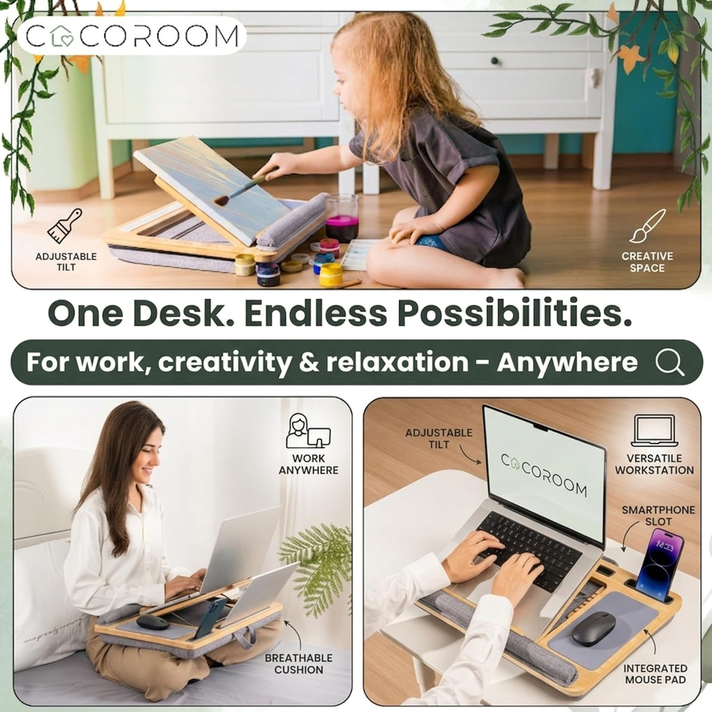 Lap Desk for Laptop – Bed Desk Tray Table with Cushion, 5 Angles, Phone & Tablet Holder, Mouse Pad & Ventilation – Laptop Stand, Lap Table, Couch Desk for 15”-17” Laptops (Black)
