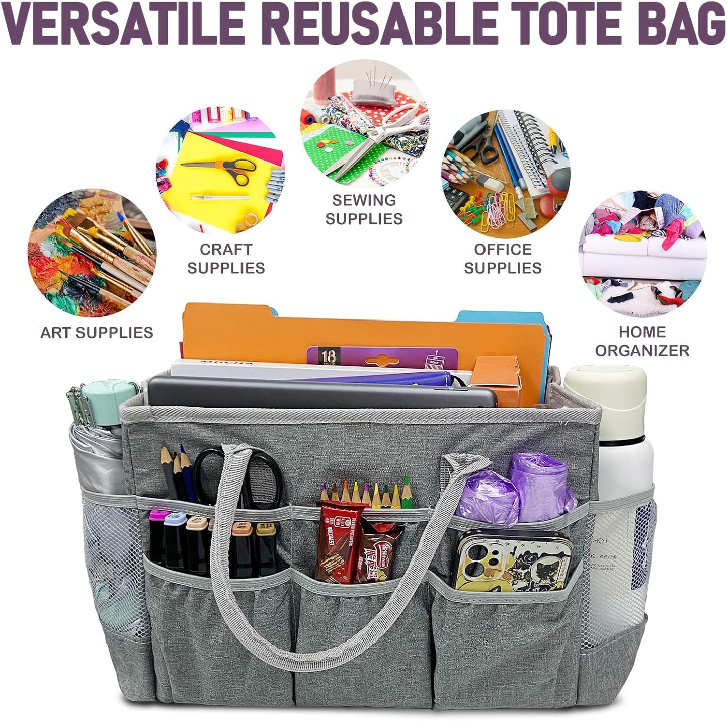 Cupohus Craft Organizer Tote Bag – Craft Caddy with 2 Mesh Side Pockets & Front Elastic Pockets, Foldable Large Capacity Supply Storage Bag for Sewing, Knitting, Painting, and Travel (Purple)