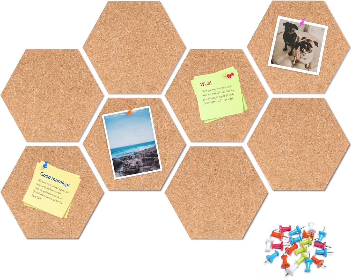 8 Pack Hexagon Felt Bulletin Board Tiles - 12" Large Thick Pin Board for Walls with 30 Push Pins, DIY Boards for Office Home School Decor, Aesthetic Hex Cork Board Alternative