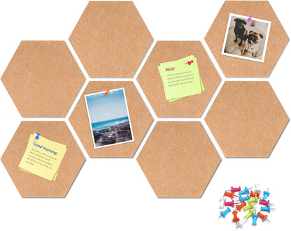 8 Pack Hexagon Felt Bulletin Board Tiles - 12" Large Thick Pin Board for Walls with 30 Push Pins, DIY Boards for Office Home School Decor, Aesthetic Hex Cork Board Alternative